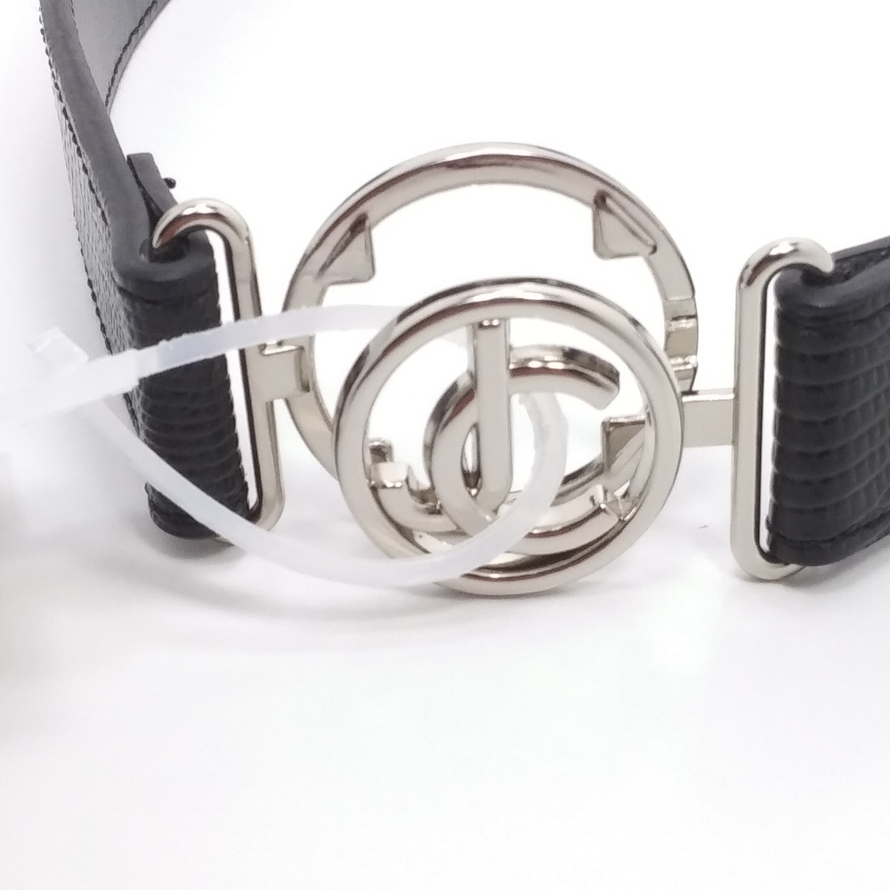 JUICY Couture Smooth Black Faux Leather Shiny Silver Metal Logo Buckle Belt NWT